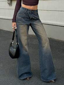 Forever 21 Women Street Fashion Flared Pocket Denim Jeans, Casual Stylish All-Match