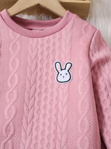 SHEIN 2pcs/Set Young Girl Crew Neck Cable Knit Rabbit Pattern Long Sleeve Top & Long Pants Pajama Sets, Warm For Autumn/Winter - Dusty Pink - View 4