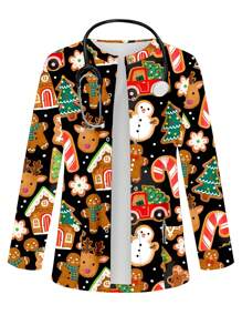 PopScrub Women Colorful Cute Cartoon Animal Christmas Lucky Gingerbread Men Print Nurse Scrub Uniform Jacket For With Pockets Lab Coat Scrub Uniforms Top - Multicolor - View 6