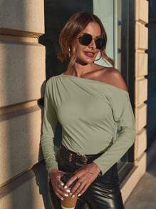 SHEIN Clasi 1pc Solid Color Pleated Asymmetrical Neckline Elegant Commuter Long Sleeve T-Shirt - Olive Green - View 6