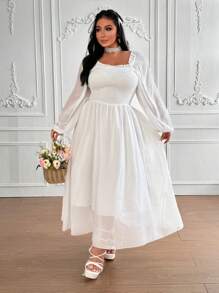 Flirla Đầm Maxi Nữ Cổ Vuông Tay Phồng Đơn Giản Thanh Lịch Màu Trơn Viền Ren Viền Xòe, Dành Cho Mùa Xuân/Hè/Thu - Màu be - Xem 3