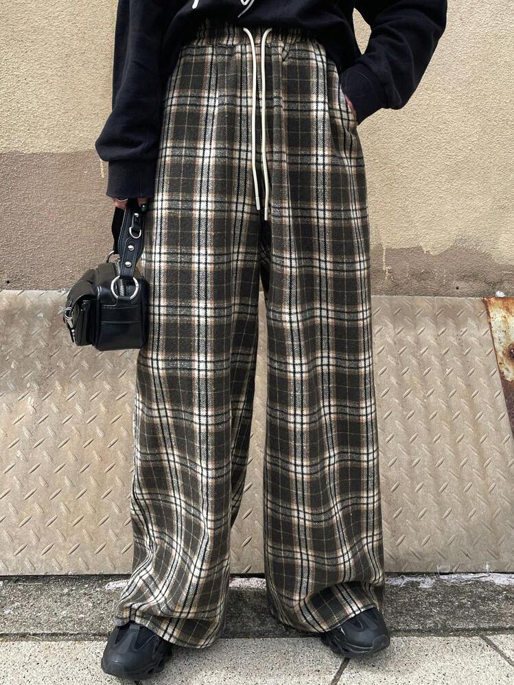 FRIFUL Pantalones anchos casuales y holgados para mujer con cintura ajustable y estampado a cuadros vintage - Caqui - Añade 3