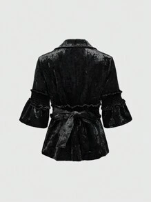 ROMWE Hippie Blazer elegante de terciopelo con cuello en pico y mangas de campana para mujer