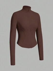 SHEIN EZwear 1pc Women Solid Color Front Zip Up Long Sleeve Minimalist Casual Sun Protection Jacket In Fall/Winter - Brown - View 3