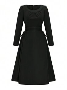 Flirla Vestido de cóctel midi elegante de talla grande para mujer, de cuello redondo, manga larga, cintura ceñida y ajustado, color negro para fiestas