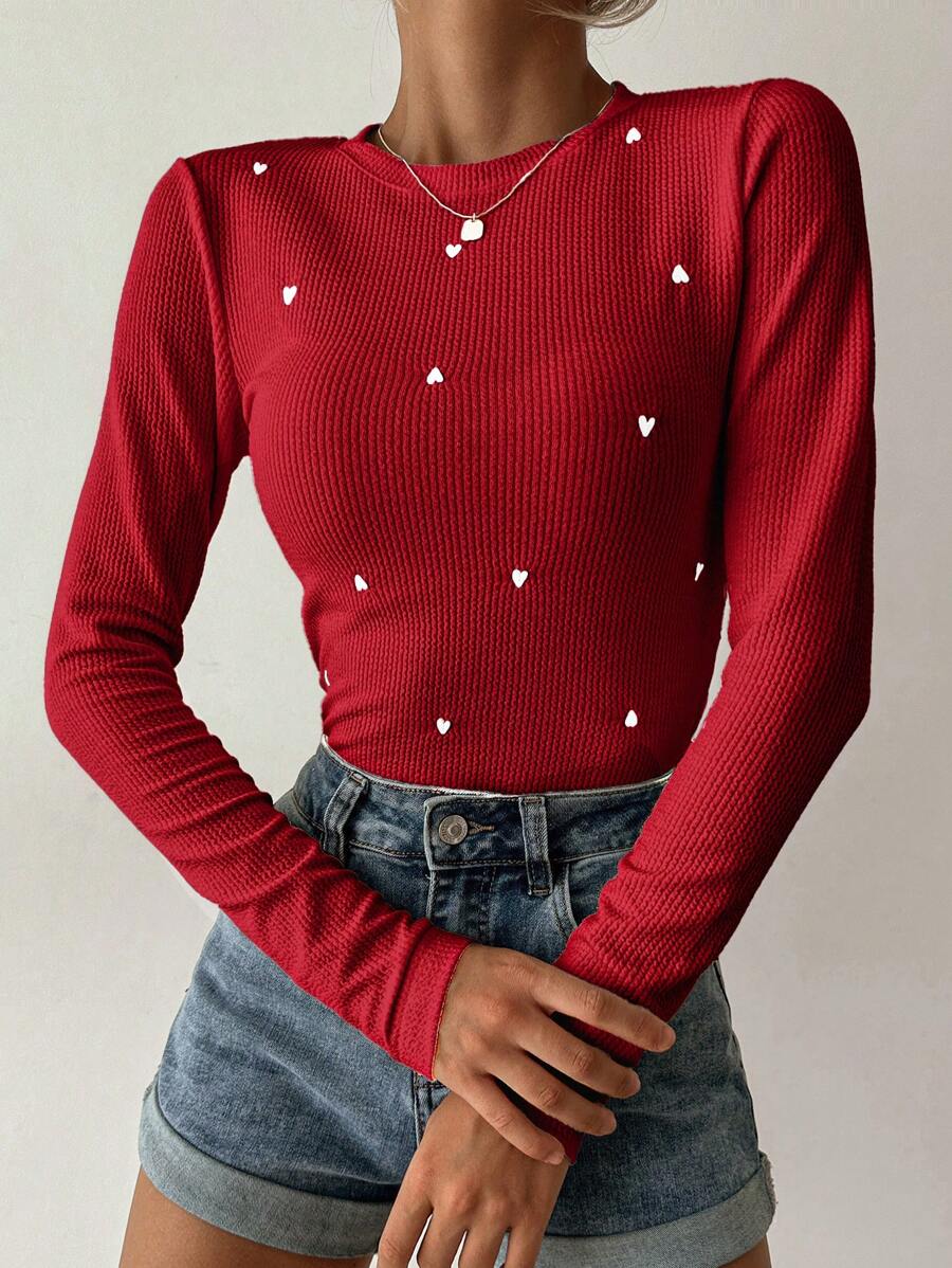 SHEIN PETITE 女款休閒愛心刺繡修身長袖T恤,秋季可愛紅色上衣紅色長袖上衣,小碼女款 - 紅色 - 查看 1