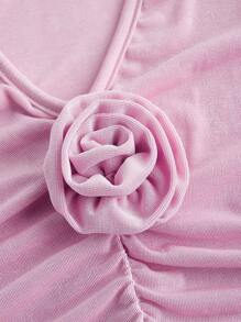 SHEIN Essnce 1pc Women Elegant 3D Floral Pleated Split Slim Fit Long Sleeve Top, Autumn,Pink Long Sleeve Dress, - Pink - View 4