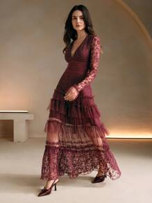 Anewsta Women's Black V-Neck Lace Long Cocktail Dress For Party Events Burgundy Maxi Women Outfit