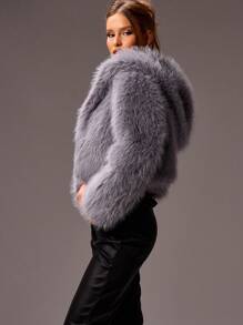 MUSERA Hooded Fluffy Cropped Coat - Grey - View 2
