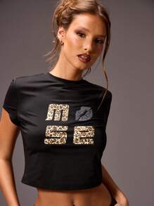 MUSERA 豹纹字母图案短款婴儿T恤，休闲夏秋季款