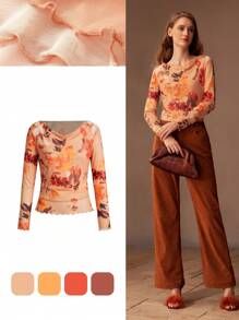 MOTF PREMIUM FLORAL PRINT BOAT NECK LETTUCE TRIM TEE