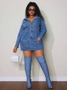 SHEIN ICON Đầm denim tay dài thắt eo phong cách đường phố thường ngày cỡ lớn cho nữ có túi lật - Màu xanh lam - Xem 3