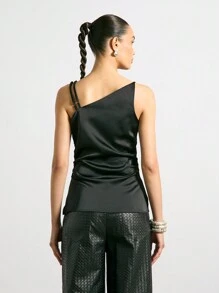 AiiRZ Satin Asymmetric Sleeves Metal Logo Detail Top - Black - View 2