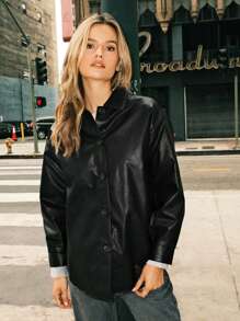 Muchica Abrigo PU con botón de hombros caídos