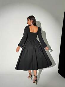 Viva Relle 加大码纯色 V 领优雅长袖连衣裙长款女装 - 黑色 - 查看 5