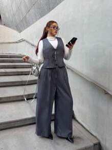 Calvaya 2pcs Office Outfit Grey Suit Vest With Tie And Matching Pants, Casual Commute Wear For Autumn - Grey - View 6