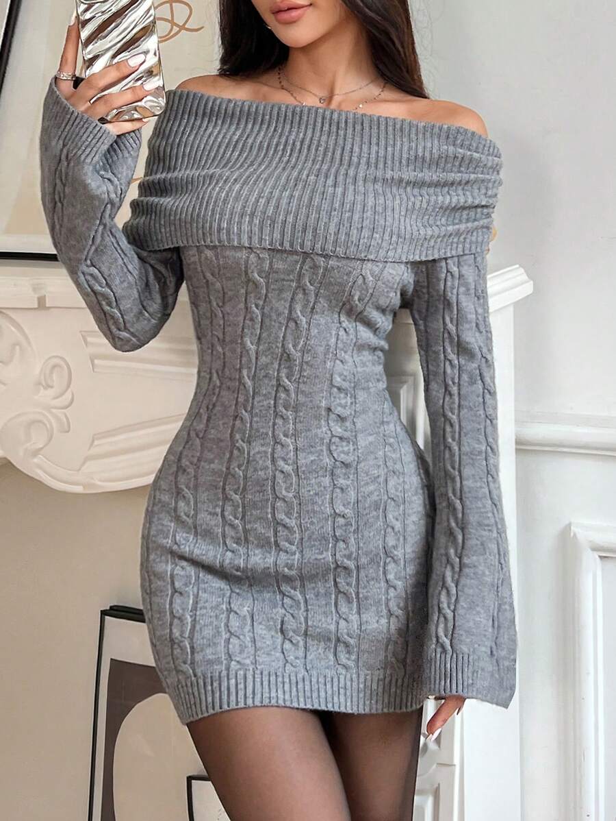SHEIN EZwear 秋冬女士纯色露肩长袖休闲短款毛衣连衣裙 - 灰色 - 查看 1