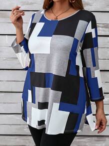 EMERY ROSE Plus Size Crew Neck Long Sleeve Patchwork Simple Casual T-Shirt, For Summer - Blue - View 1