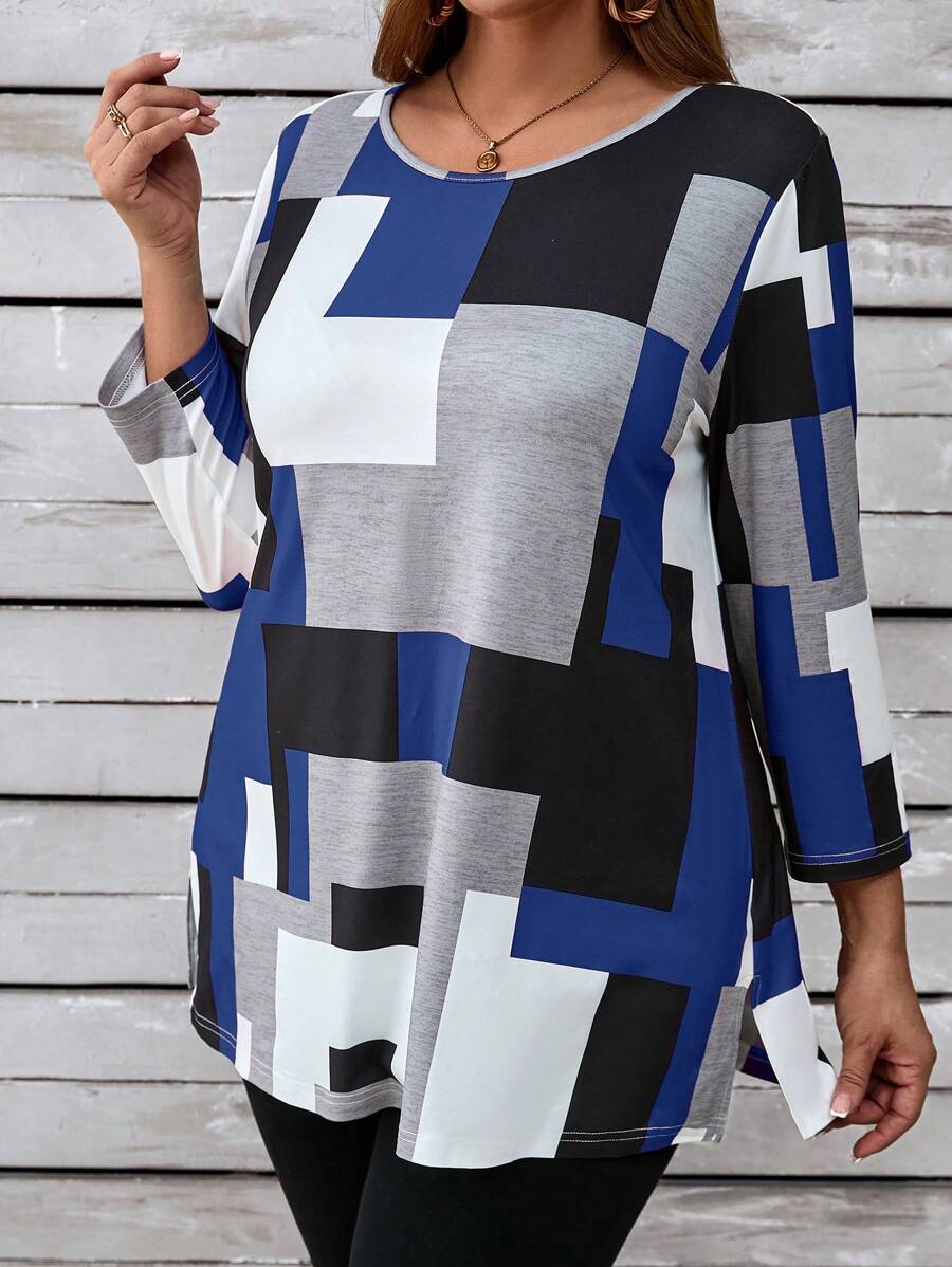 EMERY ROSE Plus Size Crew Neck Long Sleeve Patchwork Simple Casual T-Shirt, For Summer - Blue - View 1