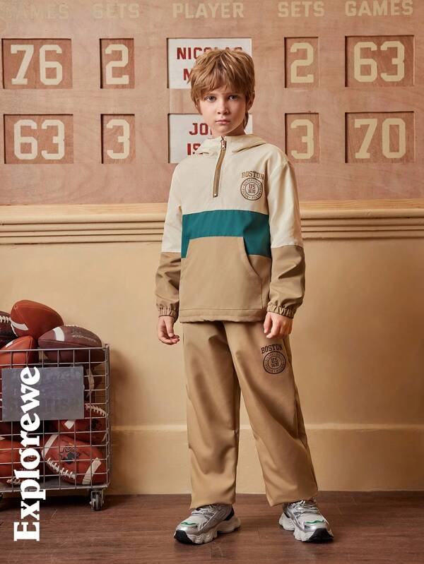 SHEIN 2pcs Boys Casual City Style Outfit - 1 Hoodie With City & Football Graphic, 1 Contrast Color Pants. Suitable For Outdoor, Sports, Casual, School And More Occasions