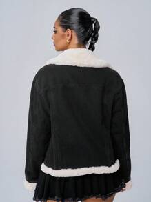 SHEIN ICON Jaqueta Feminina Casual Simples Em Jeans Com Mangas Compridas E Detalhes, Ideal Para O Natal E O Dia De Ação De Graças, Perfeita Para Uso Diário. - Preto - Ver 3