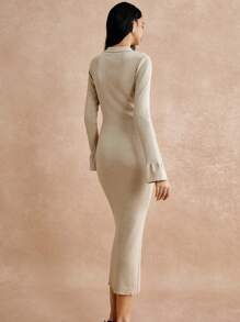 Poéselle Women's Solid Color Collared Long Sleeve Maxi Fitted & Elegant Sweater Dress For Autumn/Winter
