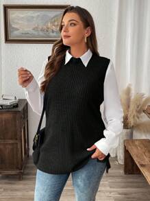 SHEIN LUNE Blusas casuales sencillas de manga larga de patchwork sólido para mujer de talla grande, Blusas de curvas para ropa de invierno
