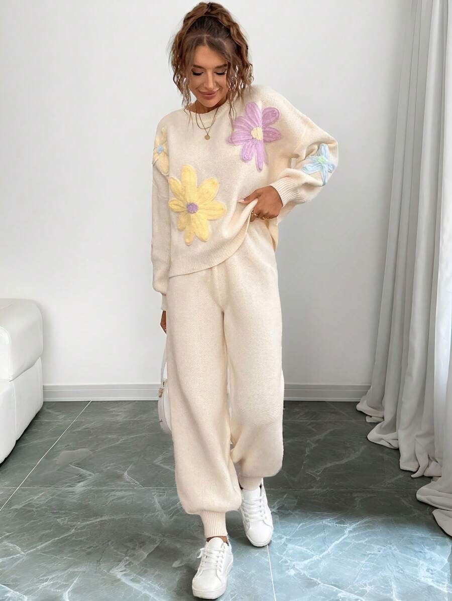 Chiquease Retro European Colorful Floral Print Round Neck Lantern Sleeve Loose Casual Comfy Sweater Set, Autumn/Winter - Beige - View 1