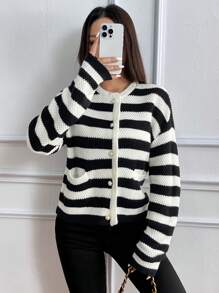 SHEIN LUNE Chaqueta tipo cardigan casual con botones delanteros a rayas, adecuado para el uso diario en otoño/invierno