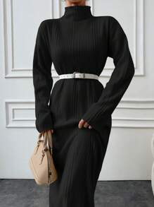 EURMUSE Cotton Solid Color Turtleneck Ribbed Knit Sweater Dress - Black - View 5