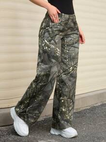 SHEIN ICON Quần Jeans Denim Ống Rộng Cạp Thấp In Họa Tiết Cành Cây Thời Trang - Nhiều màu - Xem 5