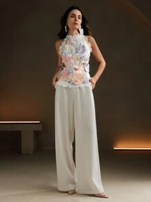 Anewsta 无袖 3D 花卉彩色优雅浪漫女式衬衫图案 T 恤女式上衣 - 紫色 - 查看 3