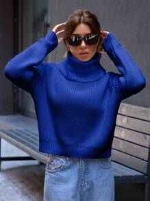 EURMUSE Casual Turtle Neck Plain Crop Sweater - Blue - View 4