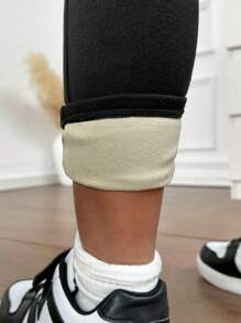 SHEIN Tween Girl's Thick Lined Contrast Color Seam Patch Pockets Leggings, Warm For Autumn/Winter - Black - View 5