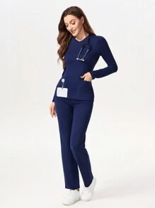 SHEIN TaskFit 纯色 V 领口袋长袖上衣和紧身裤 护理手术服套装 V 领定制上衣和抽绳直筒休闲裤，手术服套装 手术服套装 护士连衣裙 手术服上衣 手术服下装 实验室外套 手术服外套 - 彩色 - 查看 9