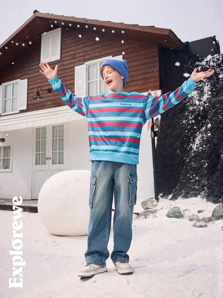 SHEIN Tween Boy Winter Crew Neck Long Sleeve Striped Minimalist Sweatshirt, Casual Daily Wear - Dark Green - View 1