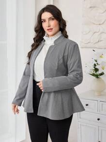 Mulvari 大码女式优雅长袖荷叶边下摆大衣，适合秋冬季 - 淺灰色 - 查看 5