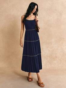 Poéselle Summer BeachVacation Ribbon Decoration Dress Textured Flowy Fabric Beach Summer Dress Pastel Dress Dress Summer Dress Long Beach Dress Beach Women Dresses Linen Dress Sundress - Navy Blue - View 1