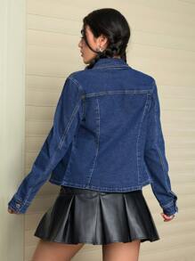 SHEIN EZwear Women's Casual Patch Pocket Single Breasted Denim Shirt