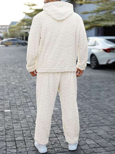 Manfinity Homme 2pcs/Set Men Plain Color Long Sleeve Hooded Pullover Top And Pants, Minimalist Style