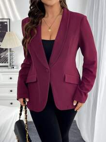 SHEIN Essnce 大码女装春秋冬时尚，优雅舒适优雅酒红色收腰长袖西装外套，办公室服装，工作服，女式外套，酒红色上衣，优雅服装，除夕夜，圣诞节曲线，节日派对，商务休闲女装 - 棕色 - 查看 3