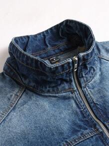 Manfinity Homme 男士前拉链简约纯色都市深色牛仔休闲夹克，适合日常穿着 - 中等水洗藍 - 查看 3