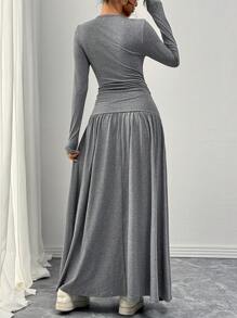 Chiquease Váy len xòe màu xám cổ tròn tay dài thoải mái thời trang hàng ngày đa năng, trang phục thu đông cho nữ maxi - Xám - Xem 2