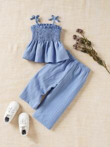 Souflis Souflis 寶寶女童純色針織上衣和褲子套裝，夏季泡沫肩褶邊設計