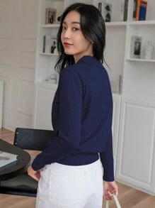 DAZY Minimalist Solid Color Knit Sweater, Casual Business Style For Autumn/Winter,Fall Women Clothes - Navy Blue - View 2