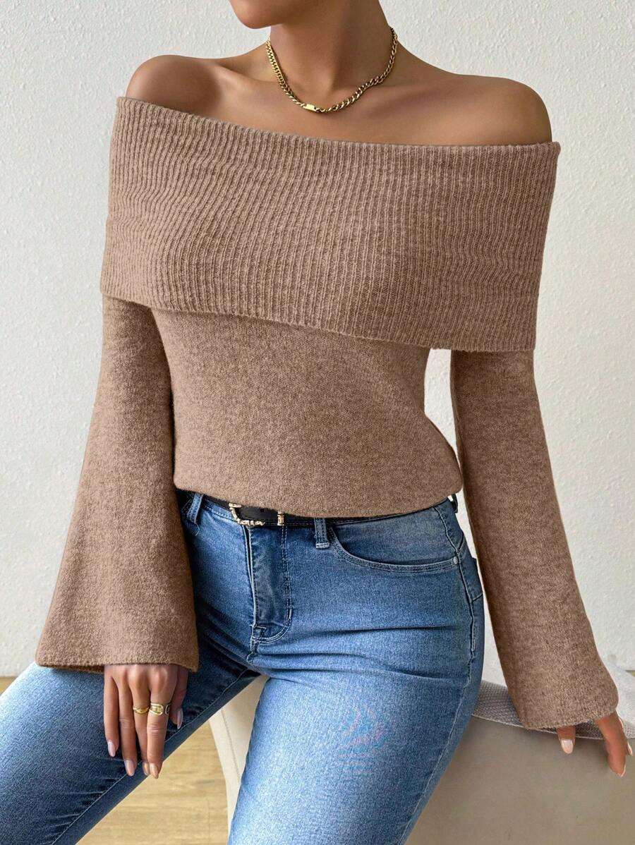 Chiquease New Fashion Solid Color Off-Shoulder Sweater Tops, Autumn/Winter Knit Pullover Fall Outfit - Khaki - View 1
