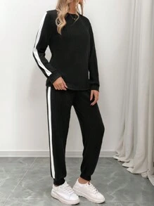 SHEIN LUNE Women Casual Color Block Long Sleeve Top And Pants 2 Pieces Set, Autumn - Black - View 3