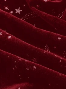 SHEIN MOD 加大码万圣节海军蓝天鹅绒银色流星印花喇叭袖不对称下摆高领连衣裙 - 酒紅色 - 查看 6