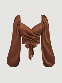 SHEIN MOD Plus Size Women's Wrapping Style Shirts With Lantern Sleeves, Made Of Jacquard Fabric