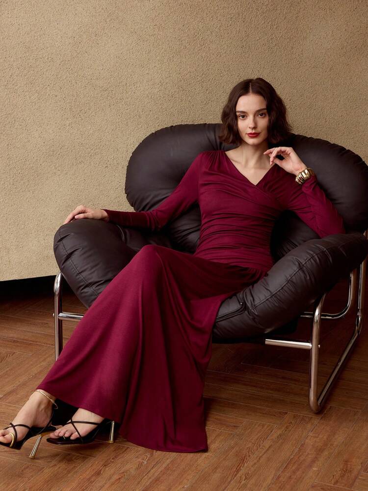 アシンメトリーネック ラッシュウエスト フレアヘム ロングドレス